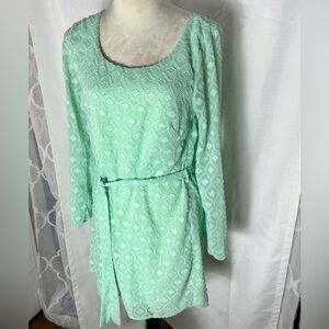 ANTHROPOLOGY BIRDCAGE BELTED SHIFT DRESS SM MINT TEXTURED FABRIC SHEER SLEEVES